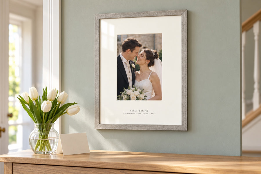 Mount With Text: names and date printed on the mount of a framed photo