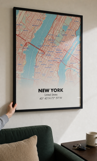 Personalised New York map displayed in a customer's living room