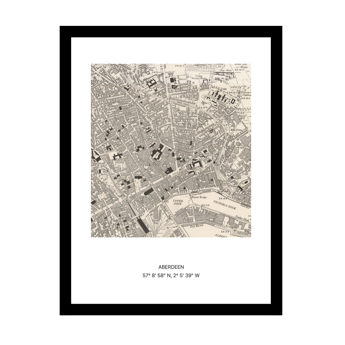Framed vintage Ordnance Survey map print of Aberdeen (1888)