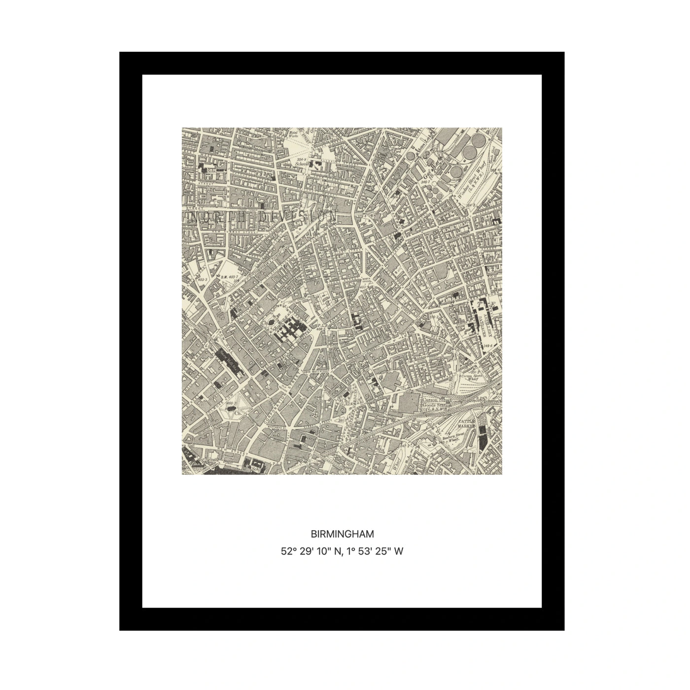 Framed vintage Ordnance Survey map print of Birmingham (1888)
