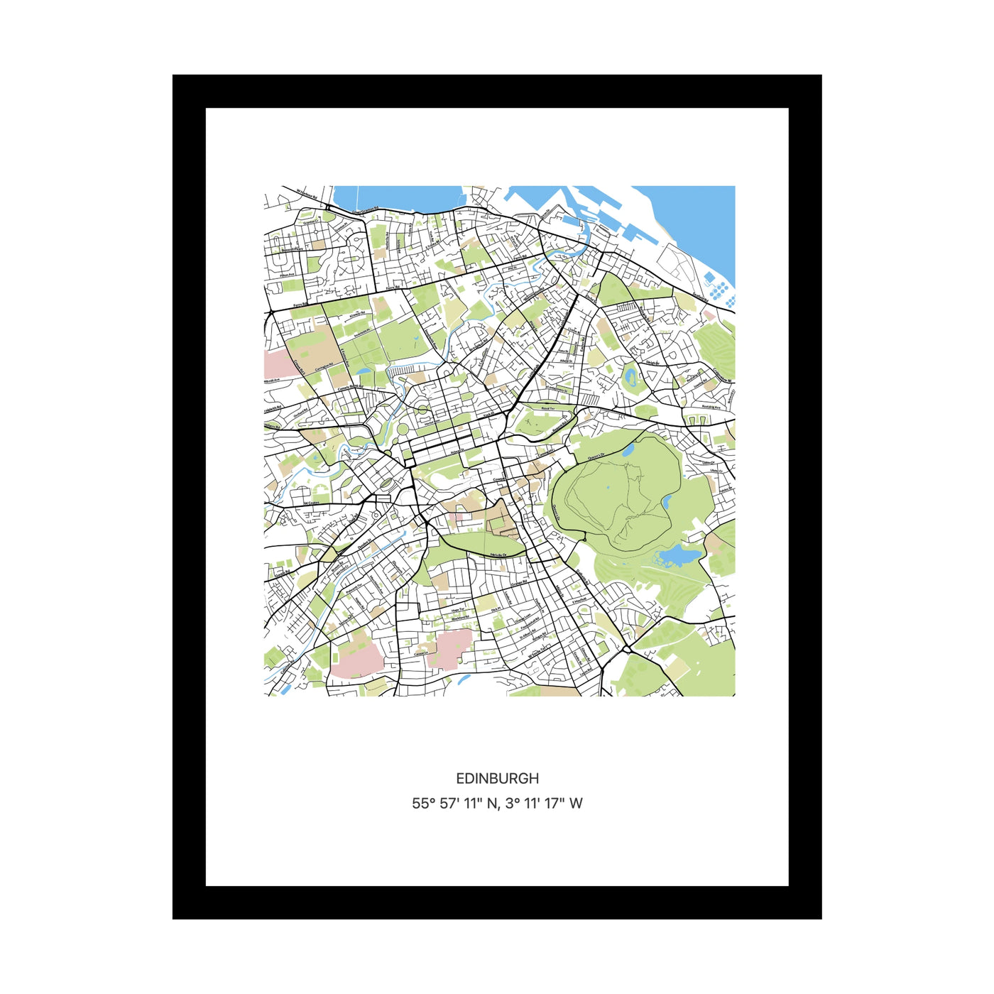 Framed personalised street map print of Edinburgh