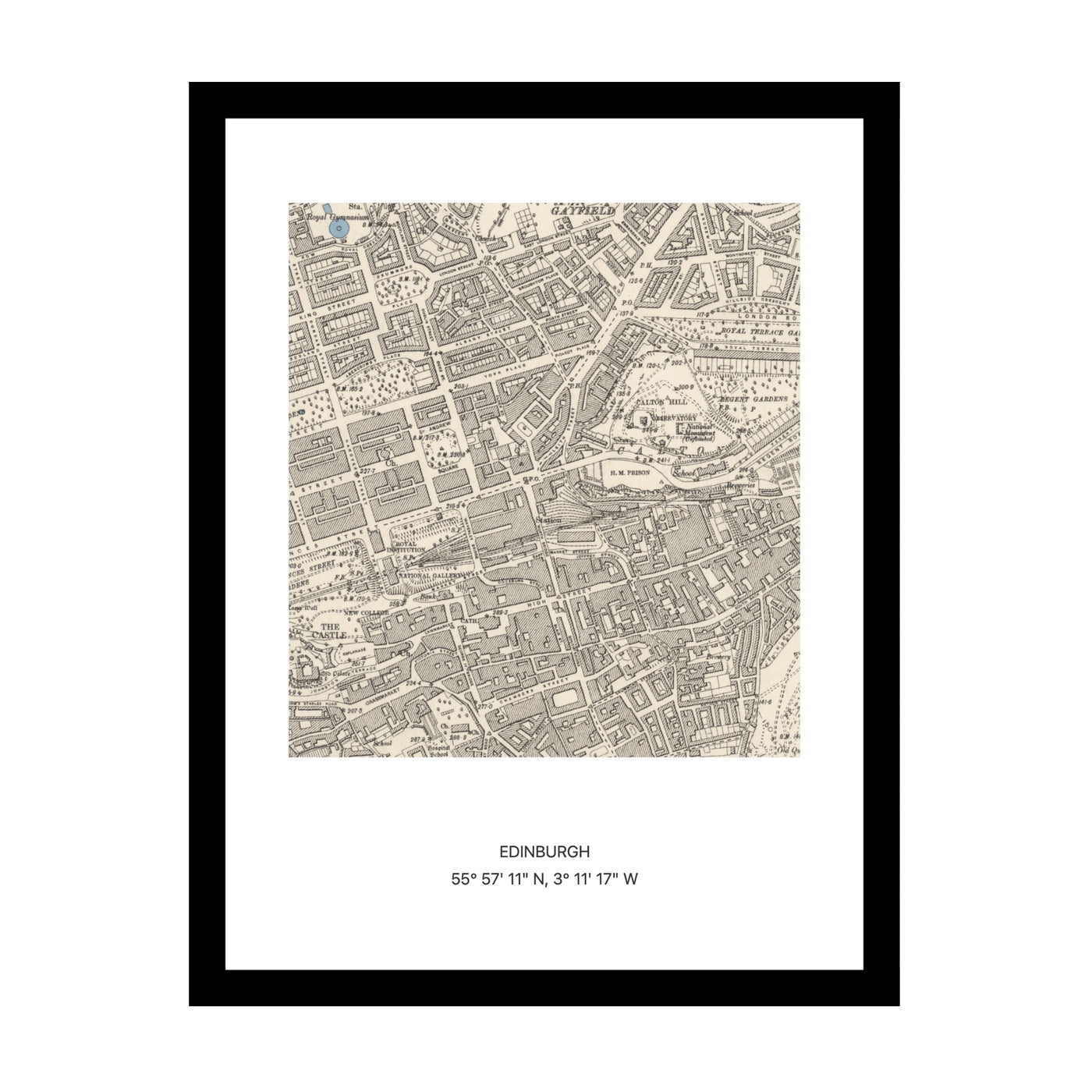 Framed vintage Ordnance Survey map print of Edinburgh (1888)