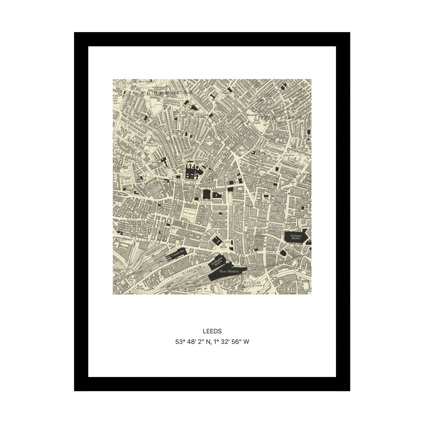 Framed vintage Ordnance Survey map print of Leeds (1888)
