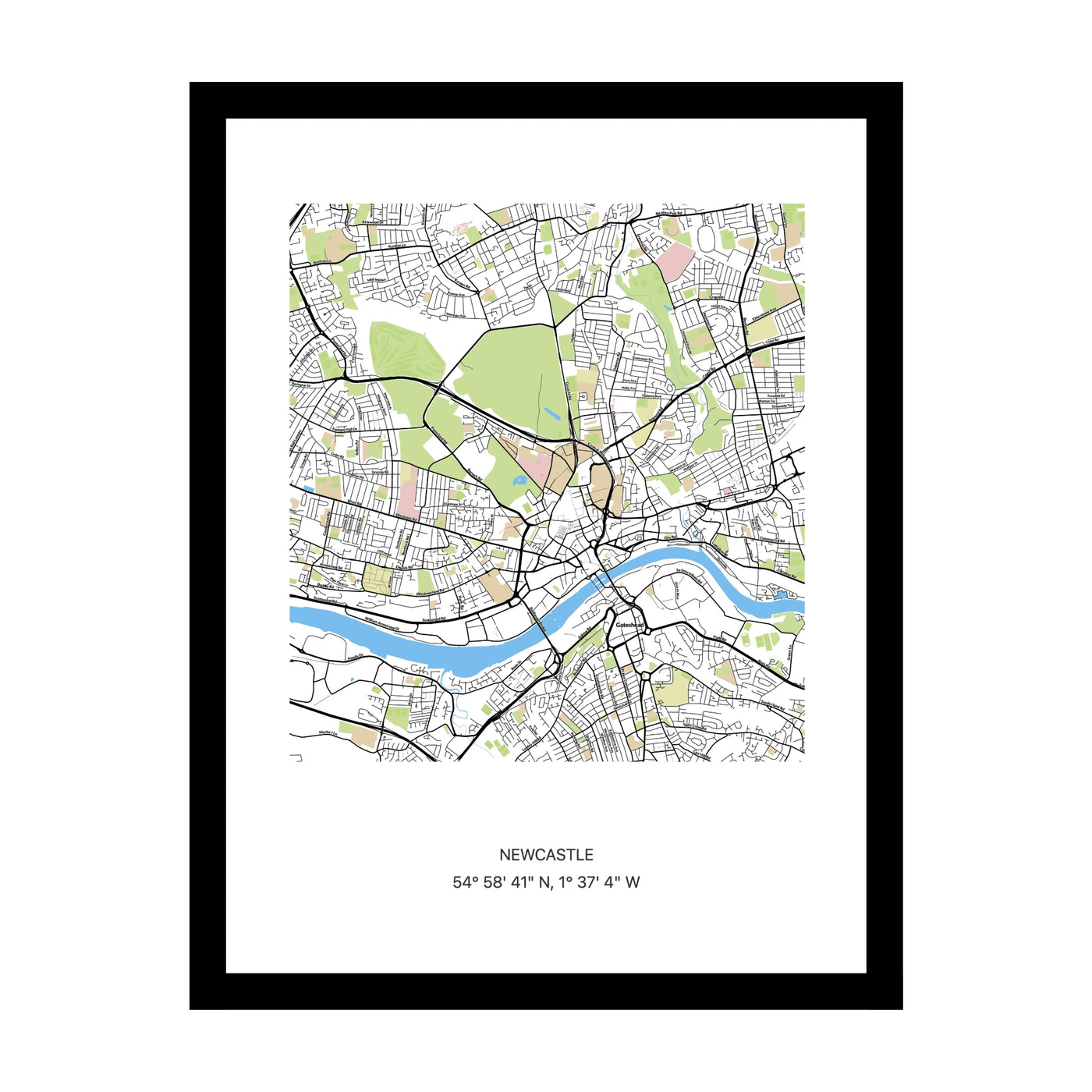 Framed personalised street map print of Newcastle