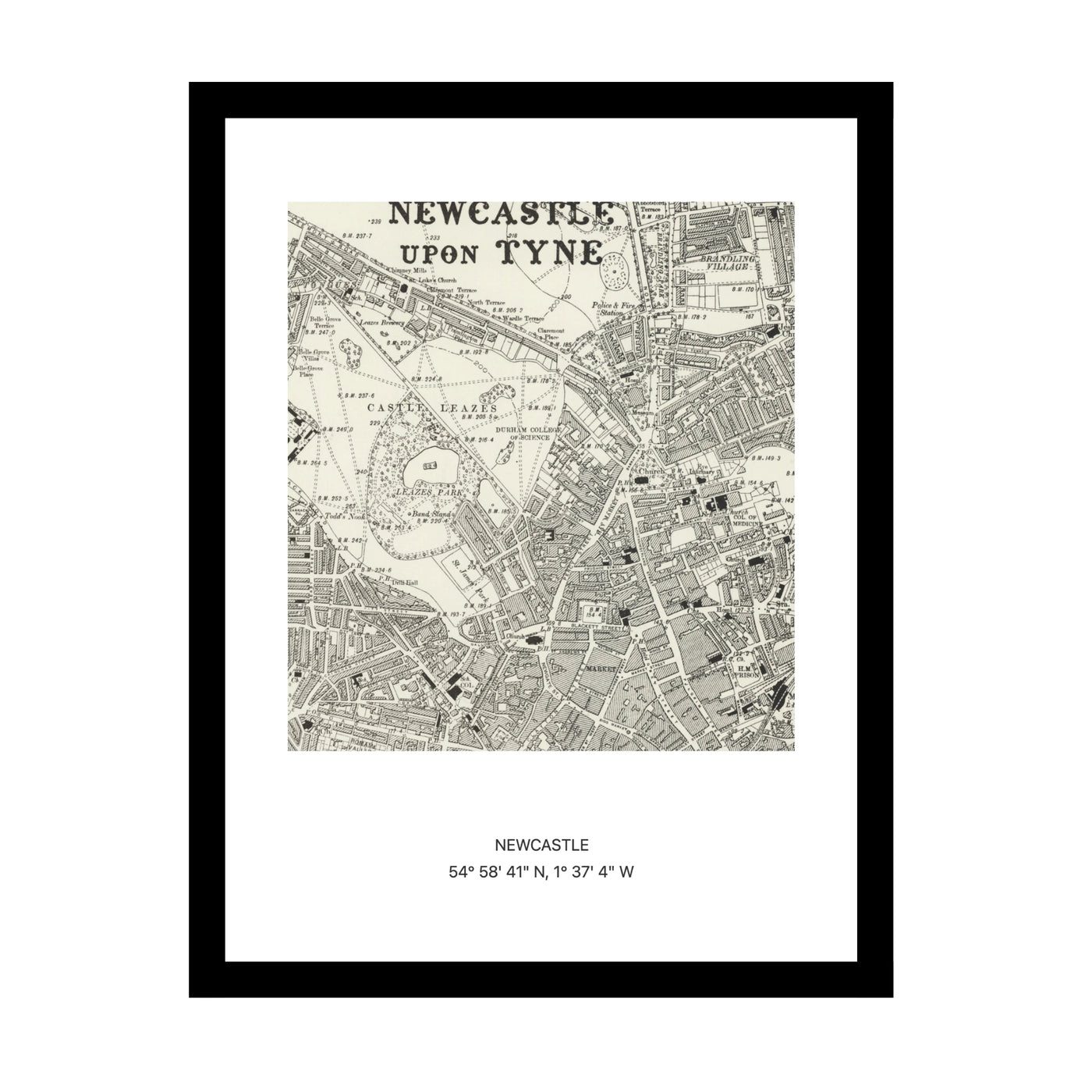 Framed vintage Ordnance Survey map print of Newcastle (1888)