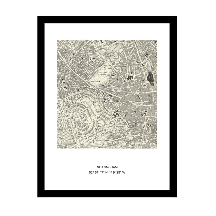 Framed vintage Ordnance Survey map print of Nottingham (1888)