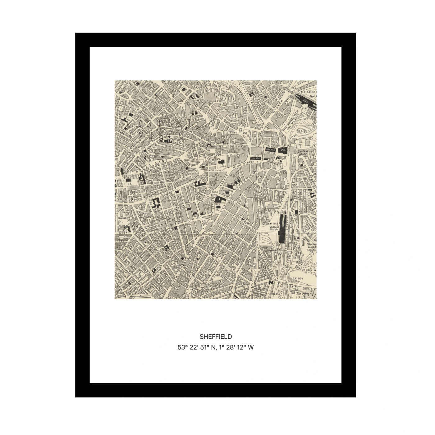 Framed vintage Ordnance Survey map print of Sheffield (1888)