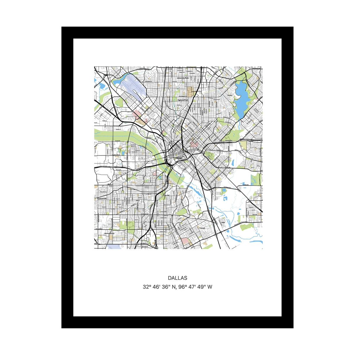 Framed personalised street map print of Dallas