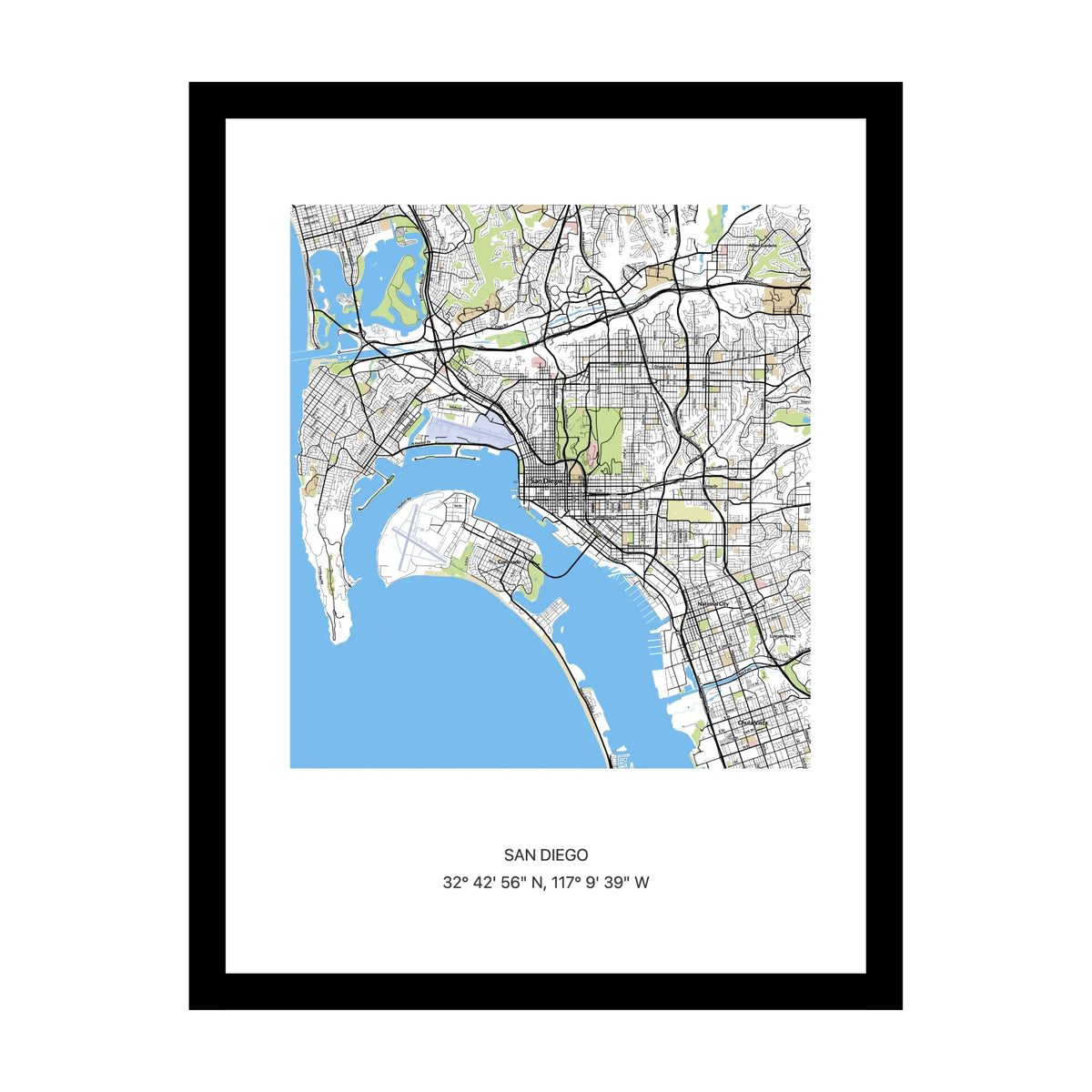 Framed personalised street map print of San Diego