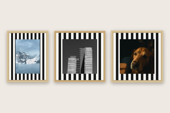 Three framed prints with vertical stripes premium mount boards cut to size — a-stripe-black