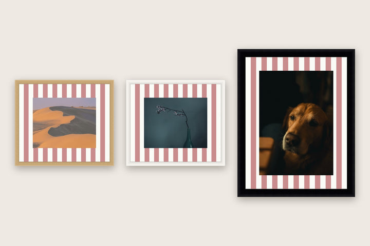 Three framed prints with vertical stripes premium mount boards cut to size — a-stripe-dusty-pink