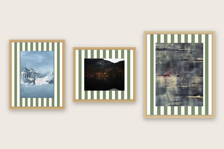 Three framed prints with vertical stripes premium mount boards cut to size — a-stripe-sage
