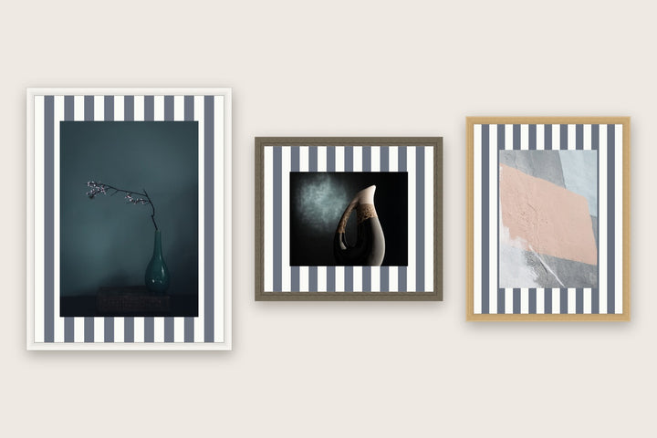 Three framed prints with vertical stripes premium mount boards cut to size — a-stripe-slate-grey