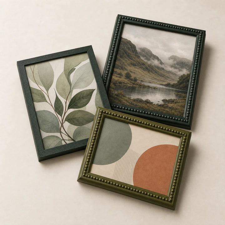 A collection of green picture frames lying flat with varied edge-to-edge artwork