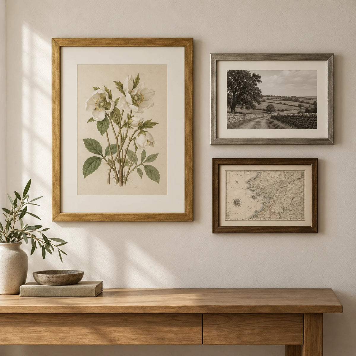 Plain antique gold, silver and bronze picture frames with mounted botanical, landscape and map prints in a warm neutral interior