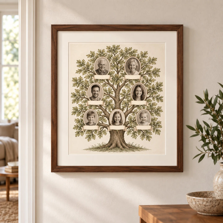 An illustrated family tree with portrait medallions displayed in a walnut frame