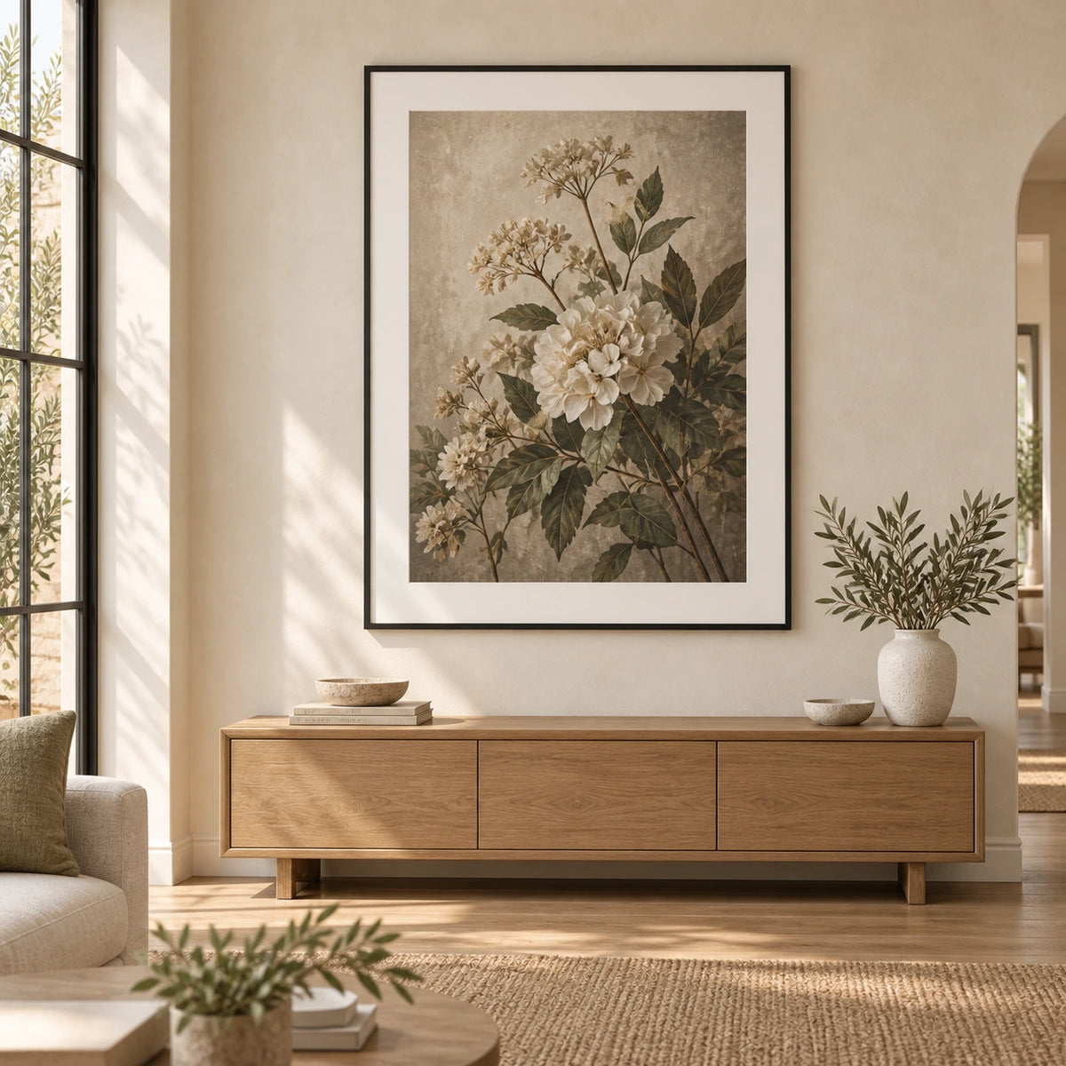 An oversized botanical artwork displayed in a large black picture frame