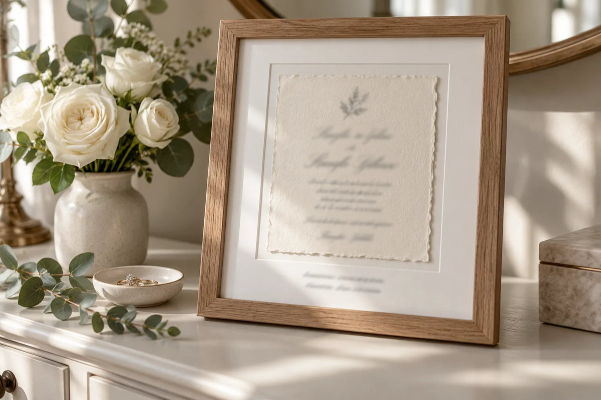 A deckle-edged wedding invitation in an oak frame with a wide white mount, on a dresser beside white roses and a ring dish