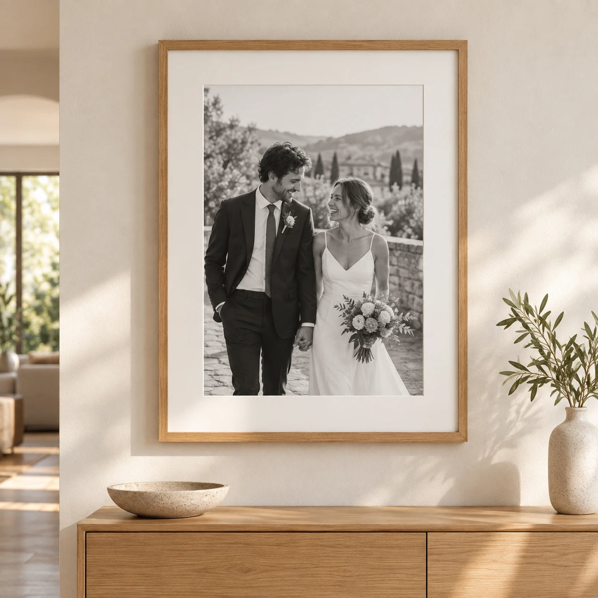 A large oak framed black-and-white wedding photograph displayed above a console