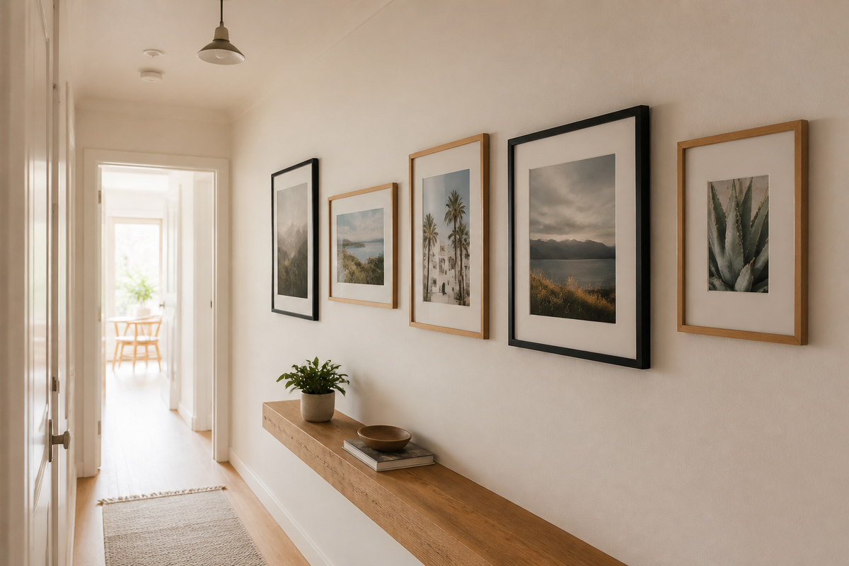 Gallery of framed photographs and art prints in a bright hallway