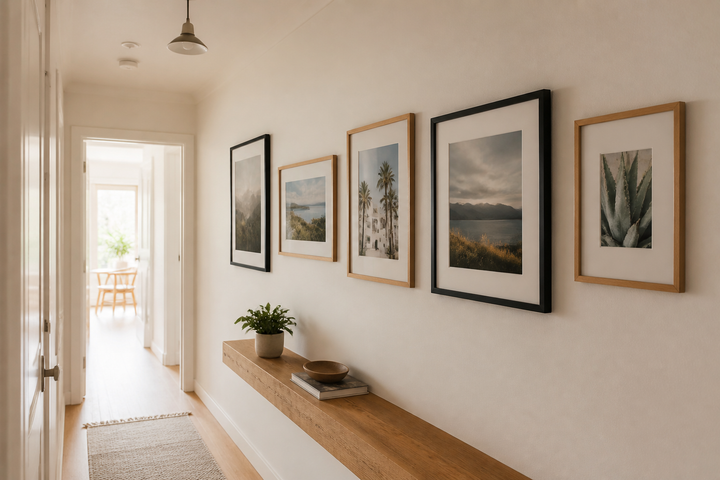 Gallery of framed photographs and art prints in a bright hallway