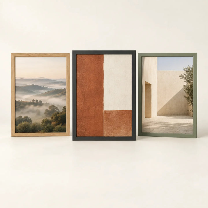 Three picture frames illustrating the 12 by 18 inch size