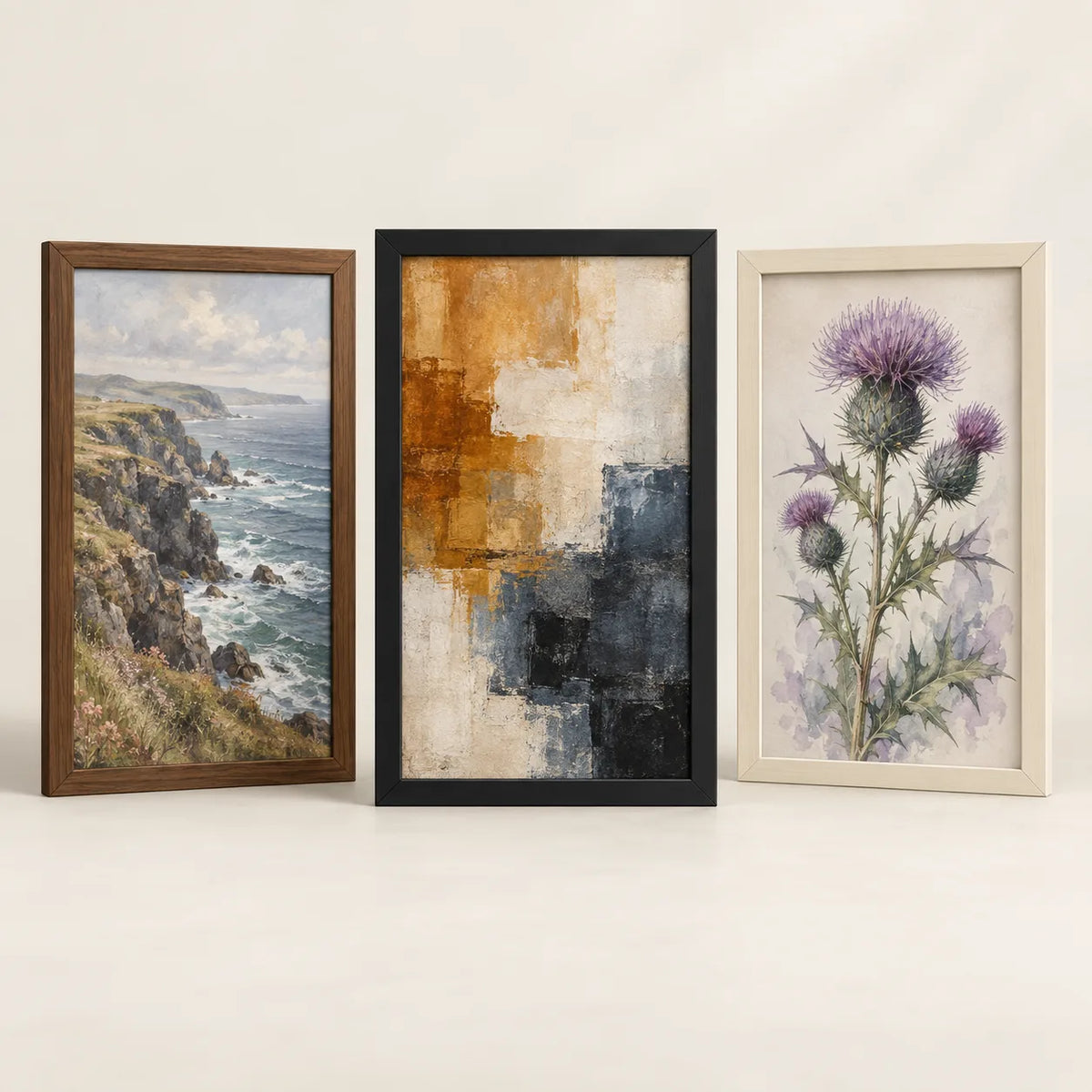 Three picture frames illustrating the 14 by 22 inch size