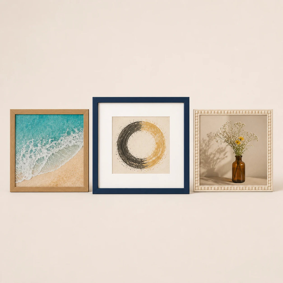 Two 20 by 20 centimetre frame-only options beside a 25 by 25 centimetre frame with a 20 by 20 centimetre mount opening