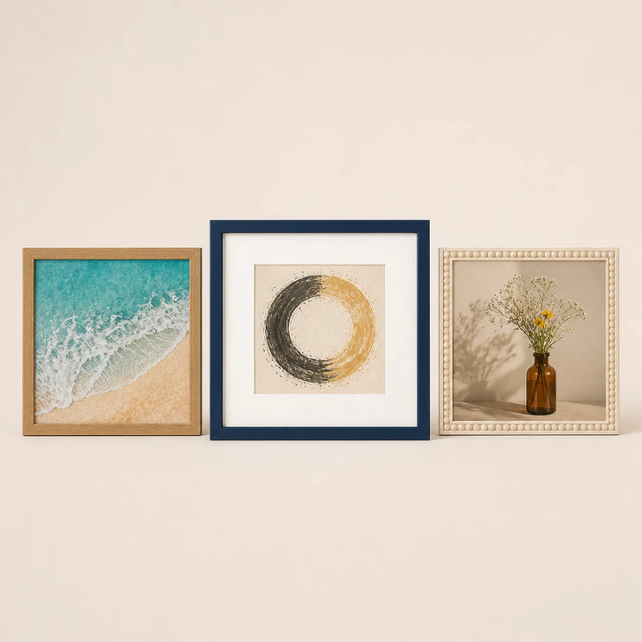 Two 20 by 20 centimetre frame-only options beside a 25 by 25 centimetre frame with a 20 by 20 centimetre mount opening