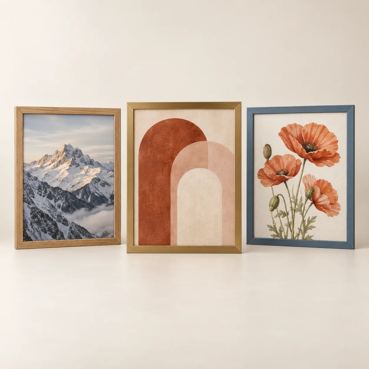 Three picture frames illustrating the 20 by 24 inch size