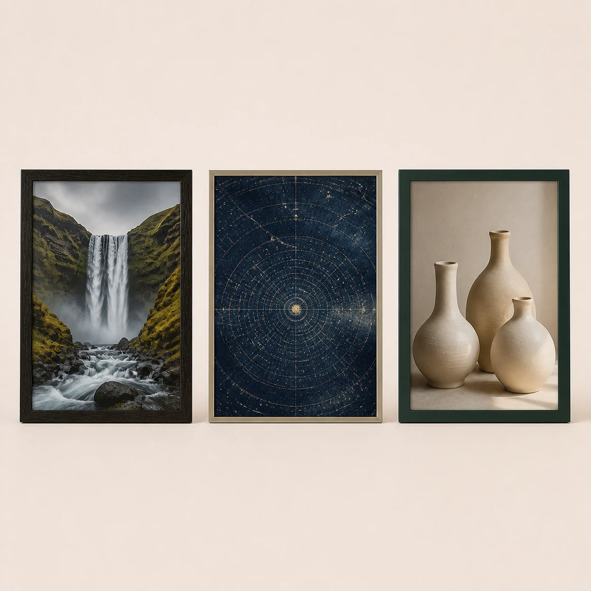 Three 50 by 70 centimetre frame-only options with varied artwork