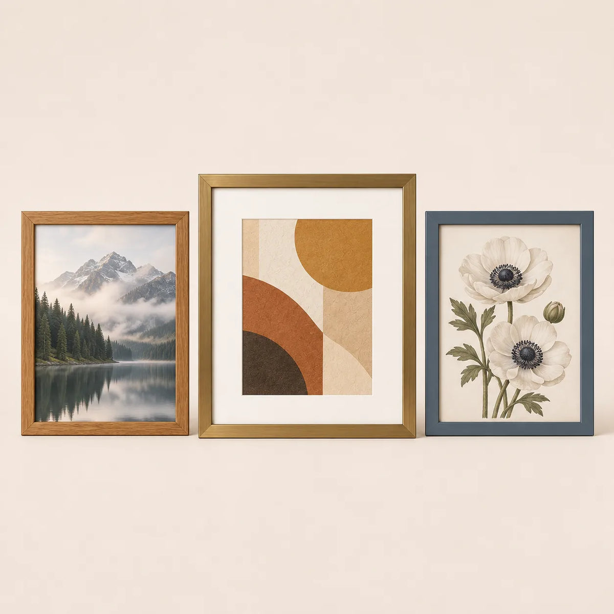 Three picture frames illustrating the 6 by 8 inch size