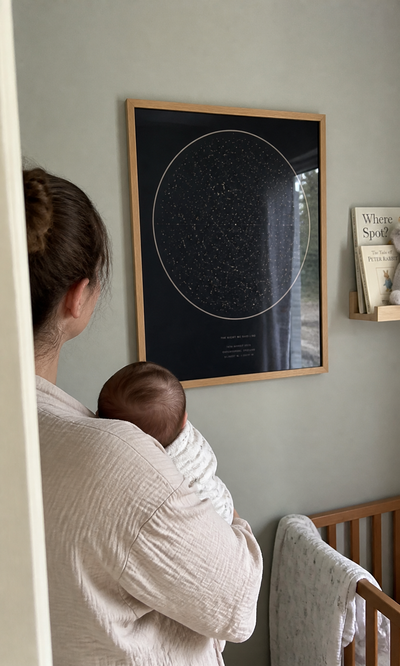 New parent viewing a personalised birth star map in a nursery