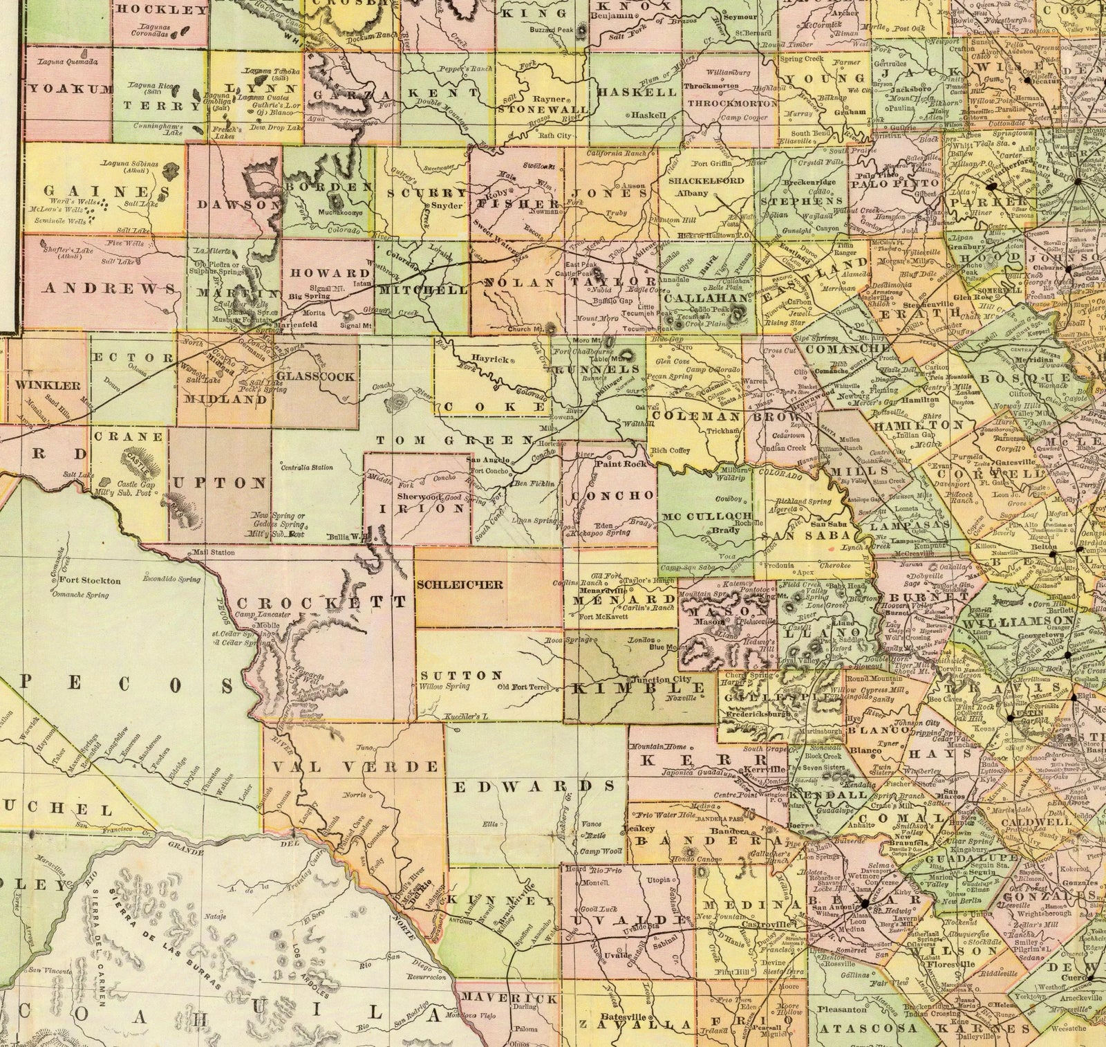 1891 County & Railroad Map of Texas detail crop