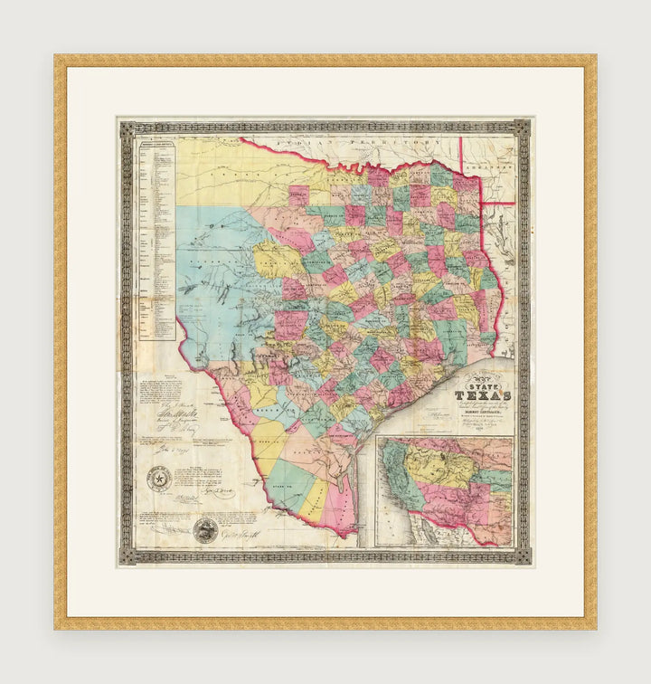 Vintage 1856 J. De Cordova map of the State of Texas, framed reproduction