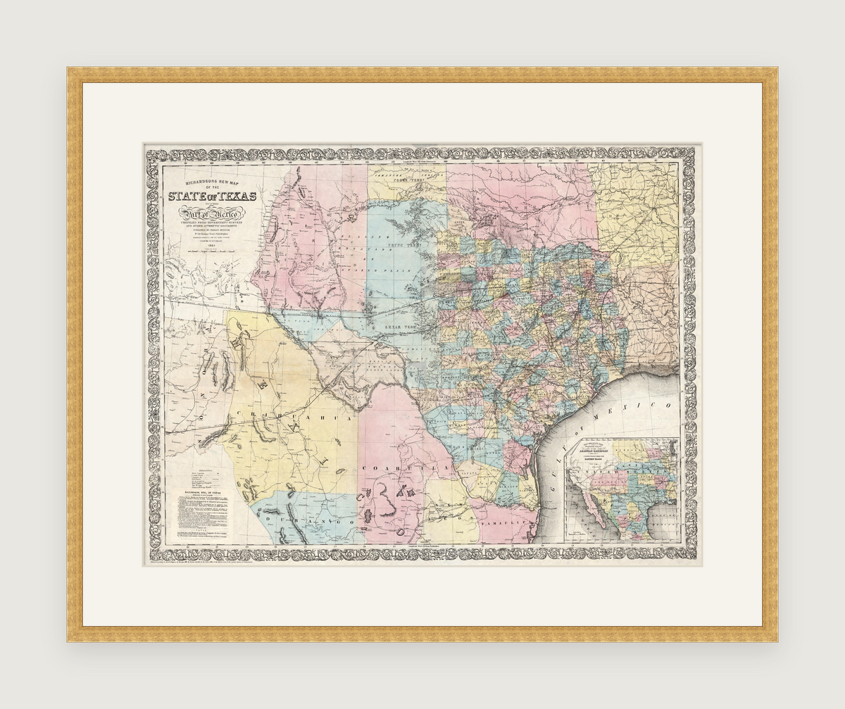 Vintage 1861 Richardson map of the State of Texas, framed reproduction print
