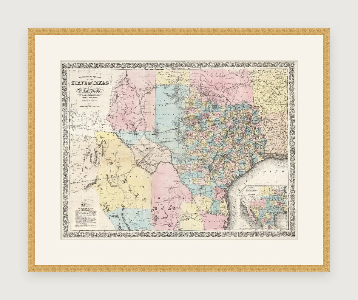 Vintage 1861 Richardson map of the State of Texas, framed reproduction print
