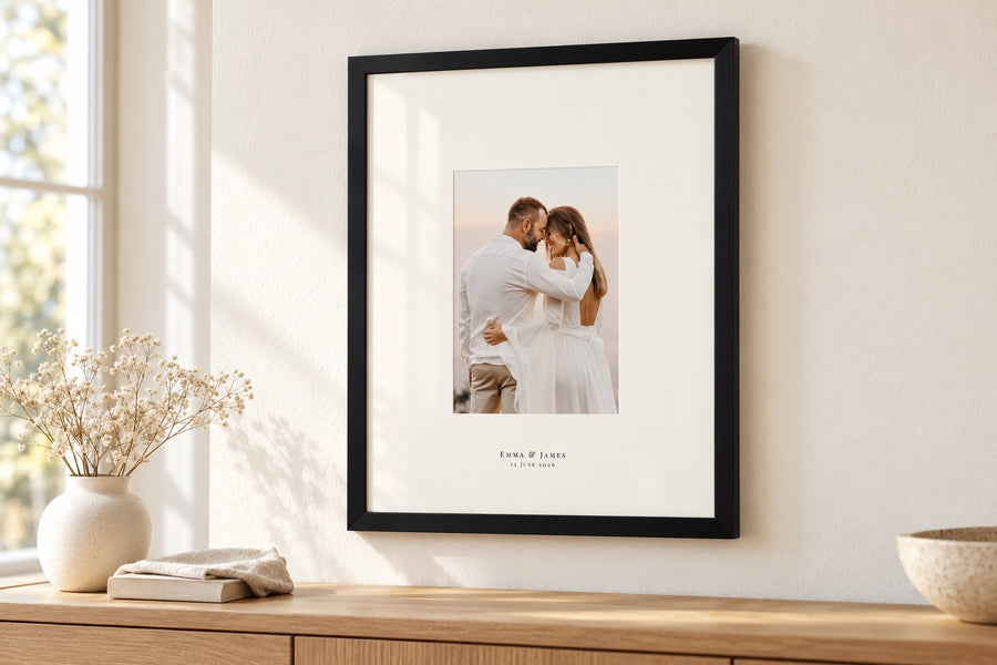 Mount With Text: names and date printed on the mount of a framed photo