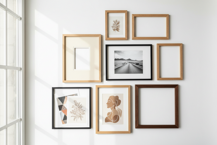 Gallery wall showing black, oak and dark wood picture frames