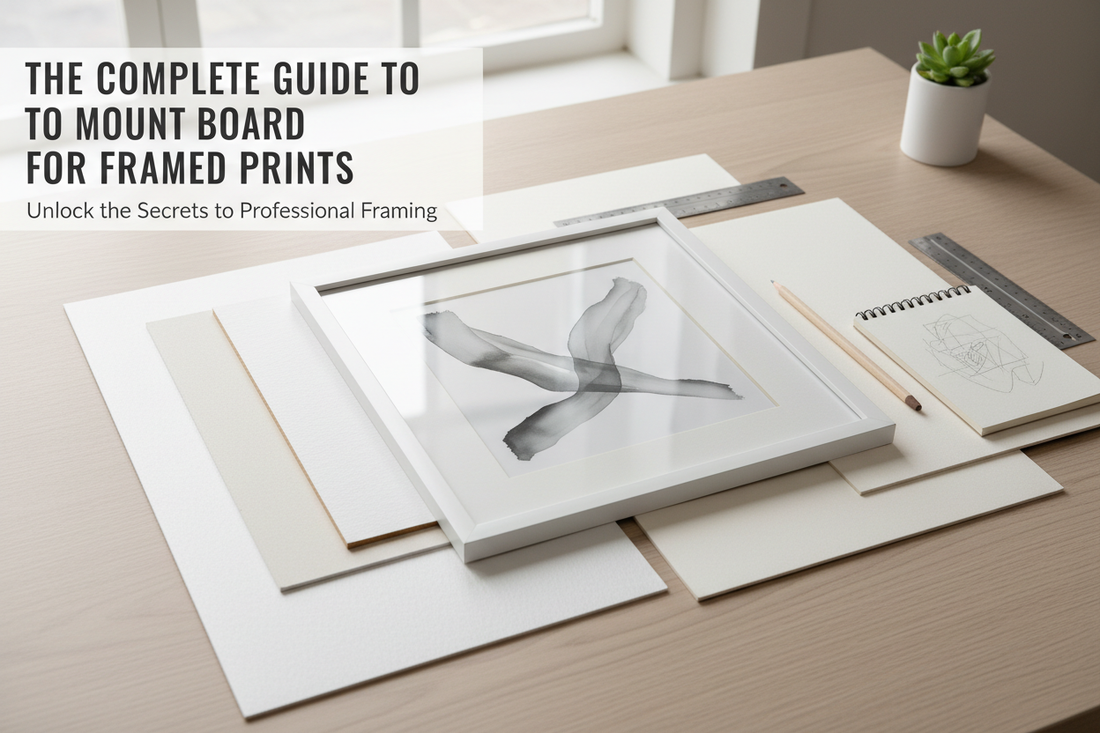 White mounted picture frame with mount board sheets and framing tools