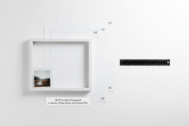 White picture frame with A2, A3 and A4 paper size guides