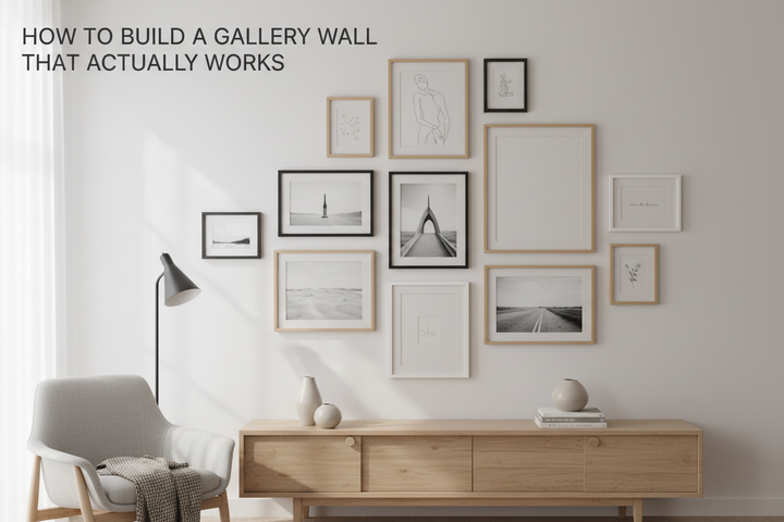 Gallery wall of black, white and oak picture frames in a bright living room