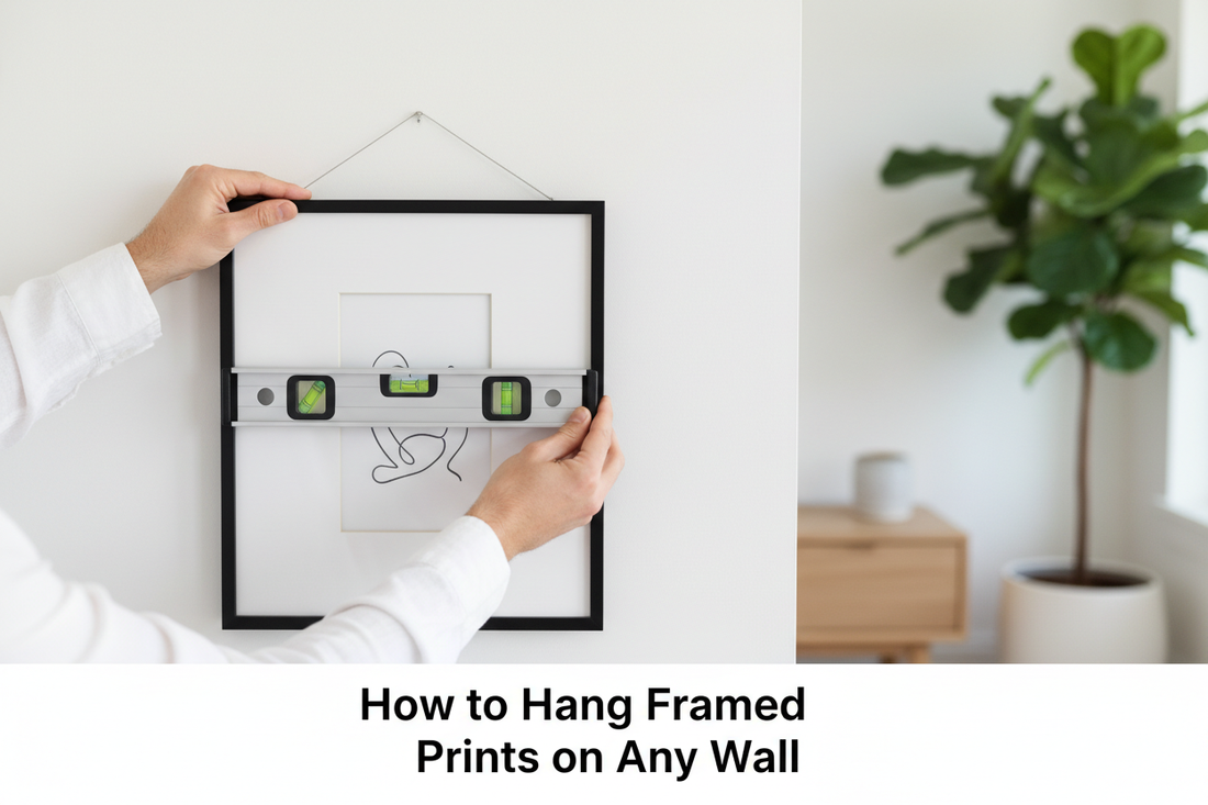 Hands levelling a black framed print on a wall