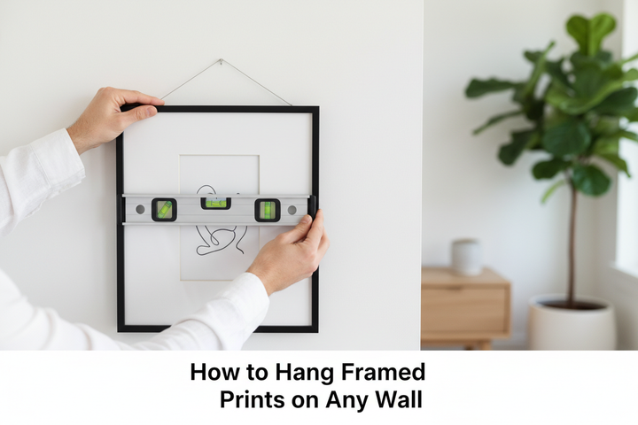Hands levelling a black framed print on a wall