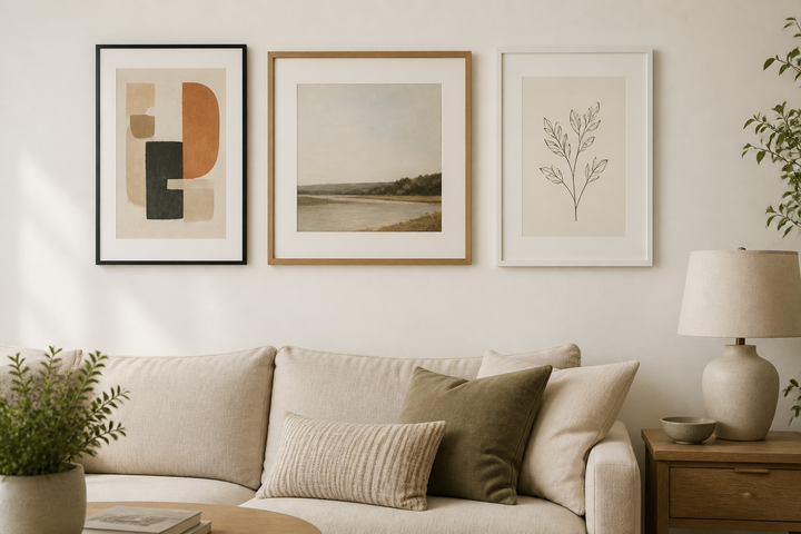 Three framed art prints displayed above a neutral living room sofa