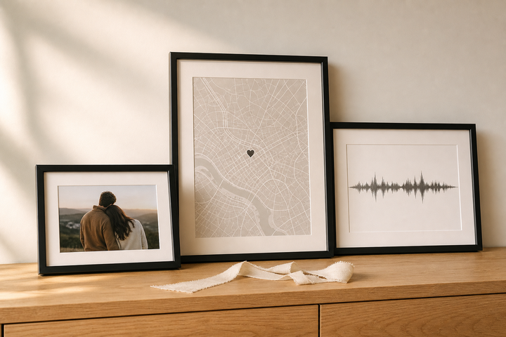 Personalised framed print gifts arranged for an anniversary