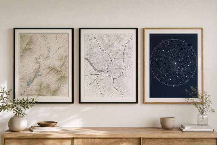 Three custom map print styles displayed in coordinated frames