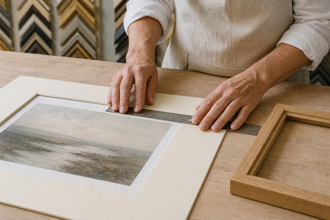 Picture framer measuring a conservation mount beside an oak frame