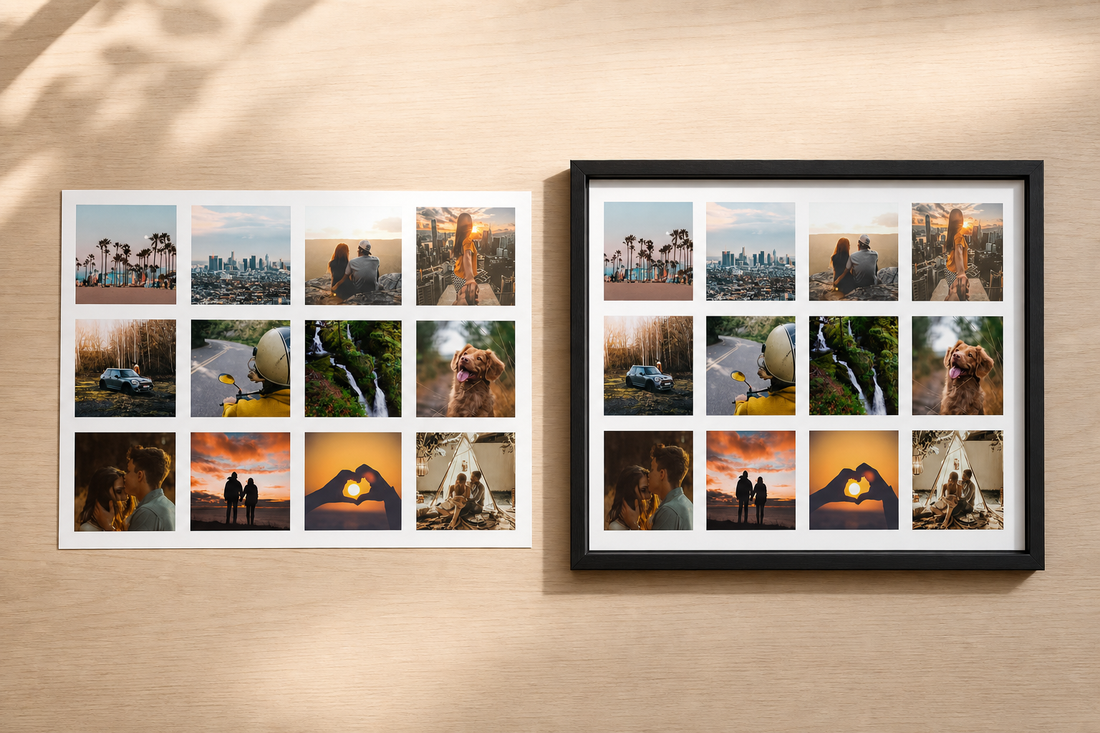 Framed photo collage printed as a single sheet with white gutters