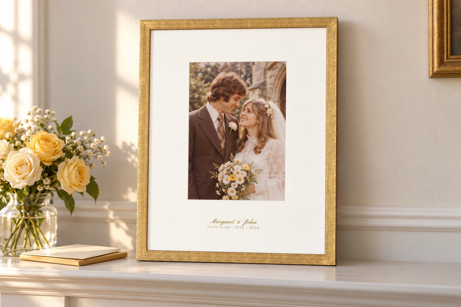 Mount With Text: names and date printed on the mount of a framed photo